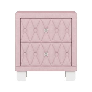 Elegante Comodino in Velluto Rosa con 2 Cassetti e Maniglia in Cristallo, Tavolino da Notte Trapuntato con Vano Portaoggetti - Product Image 6