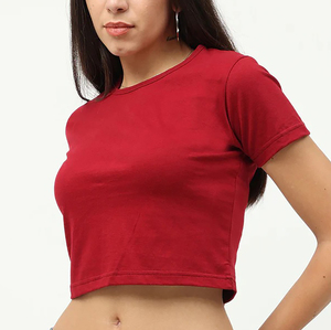 Women's <b>Red</b> <b>Cropped</b> T-Shirt Crew Neck Short Sleeve Solid Color Casual <b>Top</b> Spring Summer Style Slim Fit Knitted Cotton - Product Image 5
