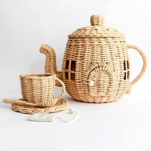 Service à thé en rotin pour enfants, idéal pour le jeu de rôle en cuisine, théière et tasses tissées à la main, jouet d'imitation à prix abordable - Product Image 2
