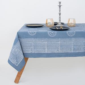 Blue Dabu Floral Print Hand Block Printed Pure Cotton Rectangle <b>Tablecloth</b> Indian Farmhouse Wedding <b>Round</b> <b>Table</b> Cover - Product Image 1