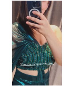 Sari en tissu scintillant élégant, chemisier vert, tenue ethnique indienne moderne, séchage rapide, toutes saisons, cocktail, réception, festif - Product Image 2