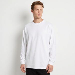 <b>Men's</b> White Long Sleeve Crew Neck T-Shirt Polyester/Cotton Jersey Casual Solid Color Knitted Plain Dyed Plus Size Front Blank - Product Image 5