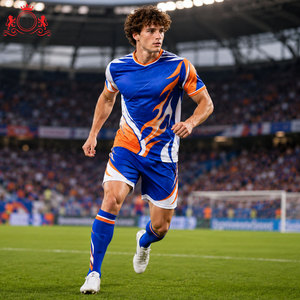 ชุดเสื้อฟุตบอลสีส้มดำแบบซับลิเมชั่นสำหรับผู้ชาย พร้อมกางเกงขาสั้น ชุดยูนิฟอร์มฟุตบอลผู้ใหญ่ ผ้าโพลีเอสเตอร์ระบายอากาศ ตรวจจับรอยตะเข็บ - Product Image 5
