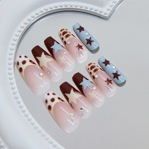 24 Pcs ABS Removable Press-On Nails Sea Salt Cream <strong>Chocolate</strong> <strong>Brown</strong> French <strong>Shining</strong> Nail Art with Glue for Finger Use - Product Image 3