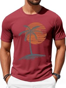 Camiseta Roja de Manga Corta para Hombre con Estampado de Palmeras al Atardecer, Cuello Redondo, Informal, de Algodón Transpirable, Corte Regular - Product Image 6
