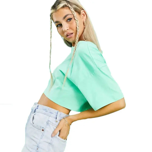 เสื้อยืดครอปสีเขียวอ่อนสำหรับผู้หญิง คอกลม แขนสั้น สีพื้น ลำลอง ทรงหลวม ผ้าถัก สำหรับฤดูใบไม้ผลิและฤดูร้อน - Product Image 4