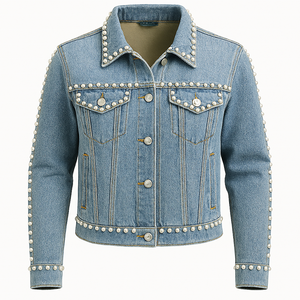 Veste en jean personnalisée à col en V, boutonnée, manches longues, couleur bleue, ornements perlés, veste en jean décontractée à la mode pour femmes - Product Image 1