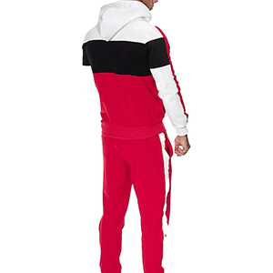 Custom <b>Men</b>’s Red <b>White</b> and Black Color Block Tracksuit Full Zip Hooded <b>Jacket</b> and Side Stripe Jogger Pants Two Piece Streetwear - Product Image 2