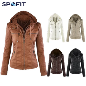 Blouson à capuche personnalisé pour femme, coupe ajustée décontractée, coupe-vent, fermeture éclair, en cuir PU avec capuche amovible, automne, OEM ODM - Product Image 3