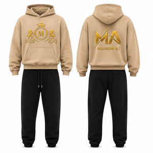 Survêtement à capuche beige pour homme Mudassar Ali, 100% coton, imprimé foil, logo avant et arrière, vêtements décontractés pour l'automne - Product Image 1