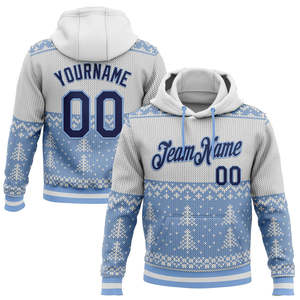 Custom Blue White Christmas Pattern Hooded Fleece Sweatshirt Unisex Personalized Team Name Number Pocket Printed Casual Winter - Product Image 1