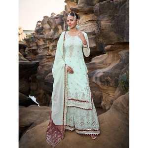 FANCY GEORGETTE HILO SECUENCIA MOTI TRABAJO TOP SHARARA CON DUPATTA SKY - Product Image 1