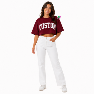 Camiseta Corta para Mujer, Color Granate, con Estampado de Letras Personalizado, Cuello Redondo, Manga Corta, Corte Holgado, Informal, Primavera-Verano, 100% Algodón Jersey - Product Image 6