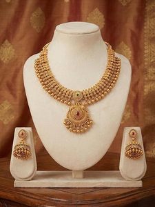 Conjunto de Joyería Étnica para Mujer, Collar y Aretes con Diseño de Flores en Aleación Chapada en Oro, Inspirado en Bollywood Indio, con Perlas de Imitación - Product Image 4
