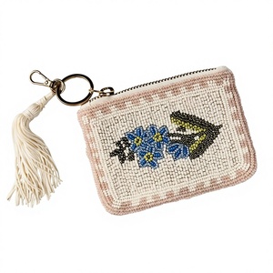 Porte-monnaie de luxe fait main perlé avec broderie florale et motif oiseau, mini portefeuille à fermeture éclair, pochette à pompon, porte-clés, cadeau tendance pour femme - Product Image 1