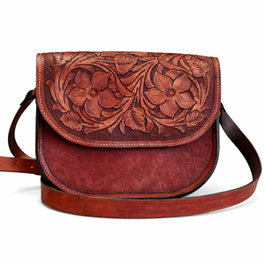 Bolso de Hombro de Cuero Genuino con Diseño Floral, Tallado a Mano, Estilo Occidental, Hecho por Artesanos, con Cierre Impermeable - Product Image 1