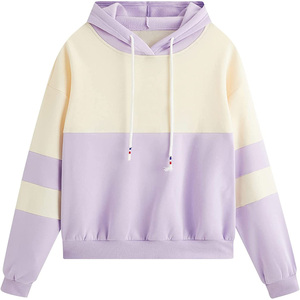Sweat-shirt à capuche color block pour femme, manches longues, décontracté, tricoté, violet crème, pour l'automne - Product Image 1