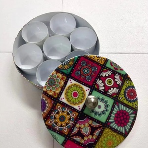 Elegant Handcrafted Round Multipurpose Masala <b>Box</b> with Vibrant Mandala Art Print and Seven Detachable Steel Containers - Product Image 1