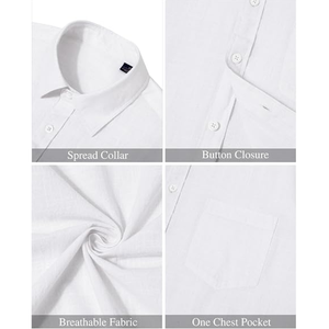 Chemise décontractée blanche à manches courtes pour homme, col boutonné, respirante, en lin/coton Dobby écologique, couleur unie, fermeture boutonnée sur le devant, idéale pour l'été - Product Image 6