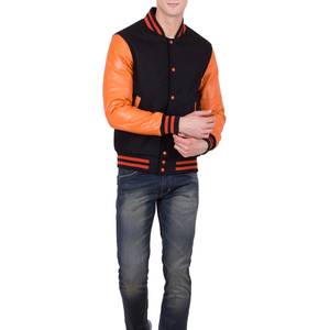 Mens Black and Orange Varsity Jacket Orange Leather Sleeves Letterman Bomber Jacket Casual Baseball Style Winter <b>Warm</b> Outerwear - Product Image 1