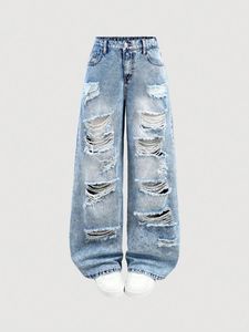 Pantalon en jean déchiré à taille haute et jambe droite pour homme, grande taille, coupe ample, décontracté, en coton, avec braguette boutonnée et design à trous et patchs - Product Image 2
