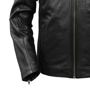 <b>Men's</b> Genuine <b>Leather</b> Slim Breathable Cotton Filled Moto Biker <b>Jacket</b> Mandarin Collar Waterproof Zipper Closure Winter Front - Product Image 6