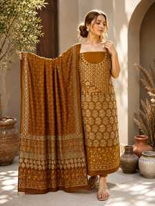 Traditional <b>Indian</b> Cotton Salwar Suit Set Brown Digital Printed Loose Fit Midi Length Women's Ethnic Wear Casual Style - Product Image 2