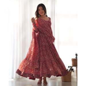 Magnifique robe Anarkali en coton pour les fêtes, taille XS, avec pantalon et dupatta assortis - Product Image 2