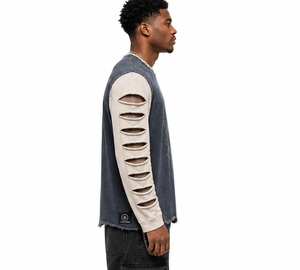 T-shirt à manches longues déchiré personnalisé, surdimensionné, effet usé, bicolore, streetwear, pour homme - Product Image 2