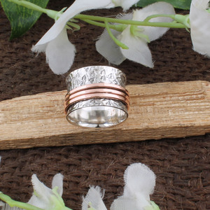 Wholesale Shree Jaipur Silver 925 Sterling Silver Mixed Metal Classic <b>Spinner</b> <b>Ring</b> Handmade Textured Tree Bark Copper Brass Band - Product Image 4