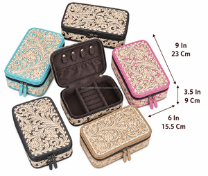 High Quality <b>Tooled</b> Genuine Cowhide <b>Leather</b> Zipper Closure Durable Storage Box Western Style Jewelry Organizer Cases for Women - Product Image 2