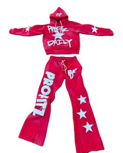 Personalizado de gran tamaño lavado con ácido acampanados pantalones de chándal Zip Hoodie Set desgastado bordado de talla grande Rhinestone parche bolsillo capucha - Product Image 5