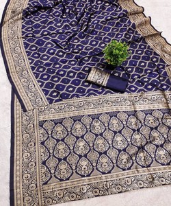 Sari de Seda Banarasi Azul con Bordado Zari, Tradicional, Étnico, Corte Regular, para Bodas y Fiestas, Largo hasta el Suelo, Alta Calidad 85282 SHUBH- - Product Image 2