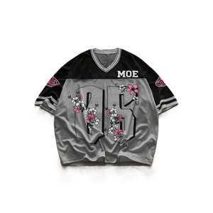 Maillot de football américain tendance pour femme, motif floral, gris, maille, panneau noir, style hip-hop streetwear, broderie florale, unisexe - Product Image 2