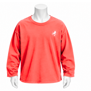 T-shirt à manches longues en coton rouge corail, coupe oversize, effet délavé vintage, épaules tombantes, style streetwear décontracté, coupe ample - Product Image 1