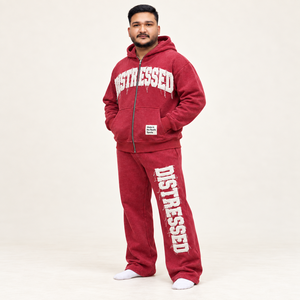 Ensemble de survêtement polaire à capuche entièrement zippé avec patch lettres vieilli, pantalon de jogging décontracté délavé à l'acide, style streetwear décontracté OEM - Product Image 2