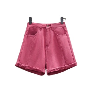 กางเกงยีนส์ขาสั้นเอวสูงสำหรับผู้หญิง, กางเกงยีนส์ขาสั้นทรงหลวมสีพื้นมีขอบถักย้อมสีล้วนสำหรับ2025 - Product Image 1