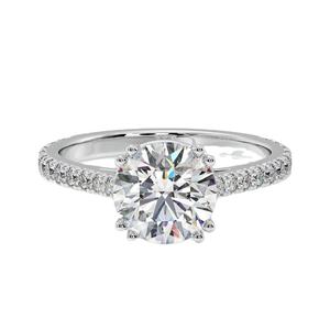 Anillo de compromiso y boda solitario redondo de 2 quilates con diamantes de laboratorio, banda de diamantes pavé de doble punta, clásico y moderno, para fiesta, de plata certificada - Product Image 1