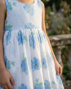 Vestido Floral de Algodón para Niñas, Azul y Blanco, con Mangas Abullonadas, Cómodo y Ligero, para Verano - Product Image 2