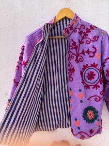 Chaqueta Bomber de Invierno para Mujer, Tejida a Mano, Transpirable, Ecológica, de Terciopelo de Algodón, con Bordado Floral y Rayas, Corte Regular - Product Image 6
