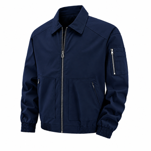 Blouson bomber noir pour homme en toile coupe-vent avec fermeture éclair, col rabattable, coupe droite, couleur unie, idéal pour l'automne - Product Image 3