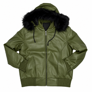 Wholesale Winter Faux Leather Bomber Jacket for Men Black <b>Fur</b> <b>Trimmed</b> Hood Zip Up Casual Urban Streetwear Coat for Everyday Wear - Product Image 3