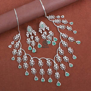 Nobisha Mint Green Designer Bridal Necklace Set with Gold Plated Zircon Earrings - Product Image 1