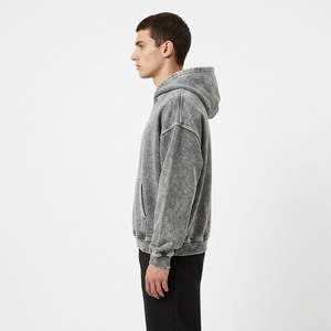 Men's Oversized Acid Wash Hooded Sweatshirt Solid Gray Cotton French Terry Casual Fit Pocket Design Autumn Wear - Product Image 4