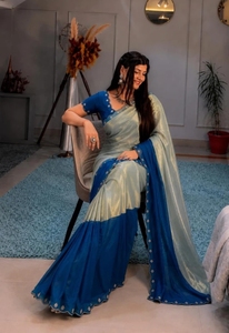 Sari en satin de tissu Bollywood orné de motifs colorés pour femme KV (bleu) - Mélange de soie et de viscose sans plis et réversible - Product Image 1