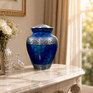 Handcrafted Blue Cremation Urn for Human Ashes - Elegant Metal <b>Memorial</b> Funeral <b>Keepsake</b> with Secure Lid & Detailed Silver Leaf - Product Image 4