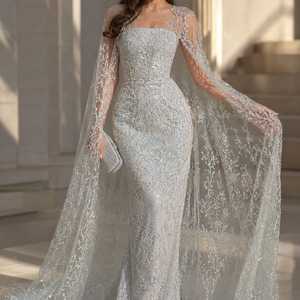 <b>Silver</b> Crystal Embellished Evening Gown Women Designer Mermaid <b>Dress</b> Natural Waist Detachable Train Floor-Length Chiffon - Product Image 1