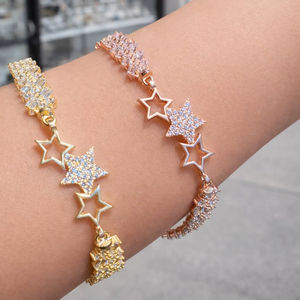 Pulsera de tenis de tres estrellas de moissanita auténtica de plata de ley 925 chapada en oro rosa amarillo, regalo de joyería para uso diario - Product Image 1