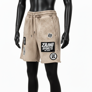 Shorts en molleton de coton premium 320 GSM, beige délavé, avec broderie de patch en chenille et logo personnalisé - Product Image 4