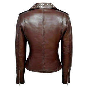 แจ็คเก็ตหนังแท้ผู้หญิงแบบมีซิปประดับหมุด สไตล์ไบค์เกอร์ ทรงเข้ารูป รุ่นใหม่ - Product Image 4